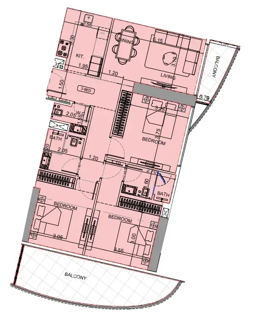 Maybach 6 3 bed floor plan, 1,333 sqft