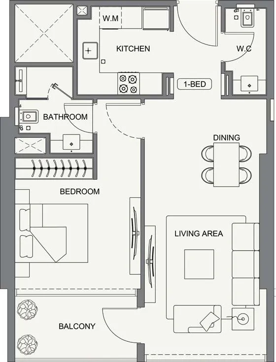 Binghatti Cullinan 1 bed floor plan, 701 – 703 sqft
