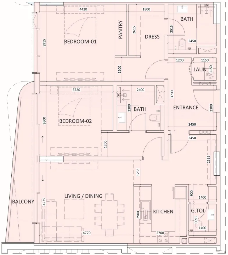 Luzora Residence 2 bed floor plan, 1,306 sqft