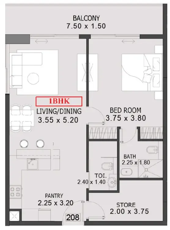 One By Preston 1 bed floor plan, 823 sqft