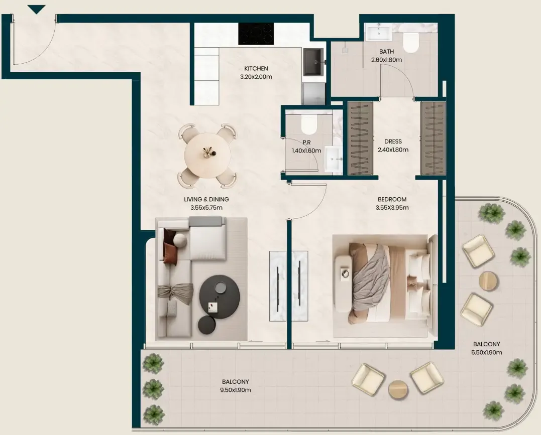 Kyomi Residences 1 bed floor plan, 971 sqft