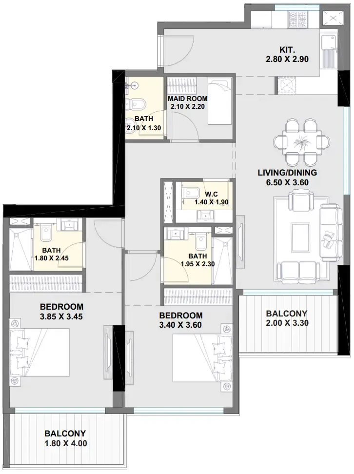 Ayaan Heights 1 2 bed floor plan, 1,297 sqft