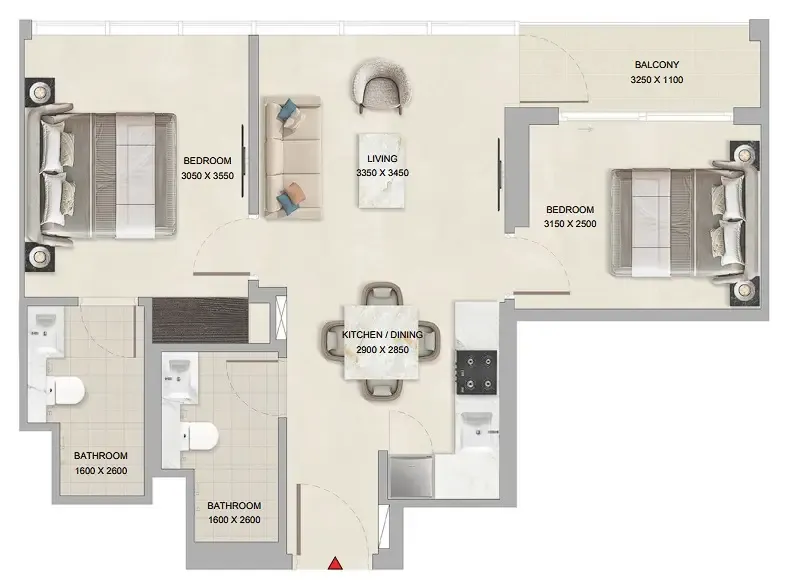 Tranquil Beach Residences 2 bed floor plan, 654 sqft