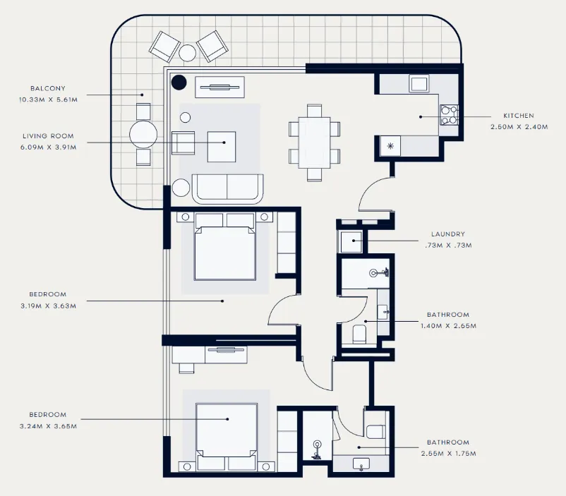 Azizi Venice 2 bed floor plan, 1,142 sqft