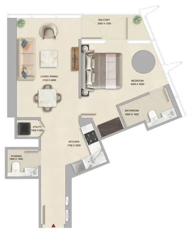 The Pinnacle at Sobha Central 1 bed floor plan, 682 – 689 sqft