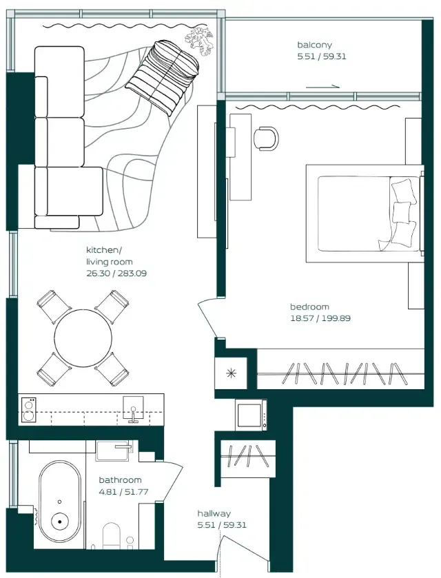 Vibe 1 bed floor plan, 733 sqft