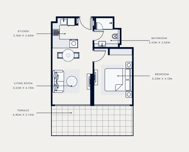 Riviera 65 1 bed floor plan, 736 sqft