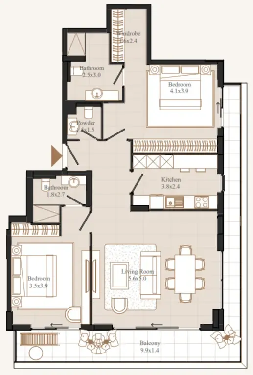 Flamingo LUX 2 bed floor plan, 1,373 sqft