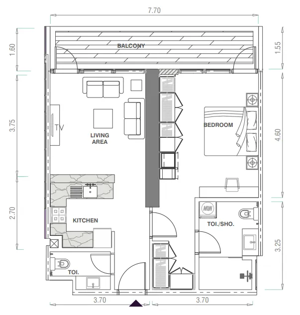 MBL Signature 1 bed floor plan, 839 sqft