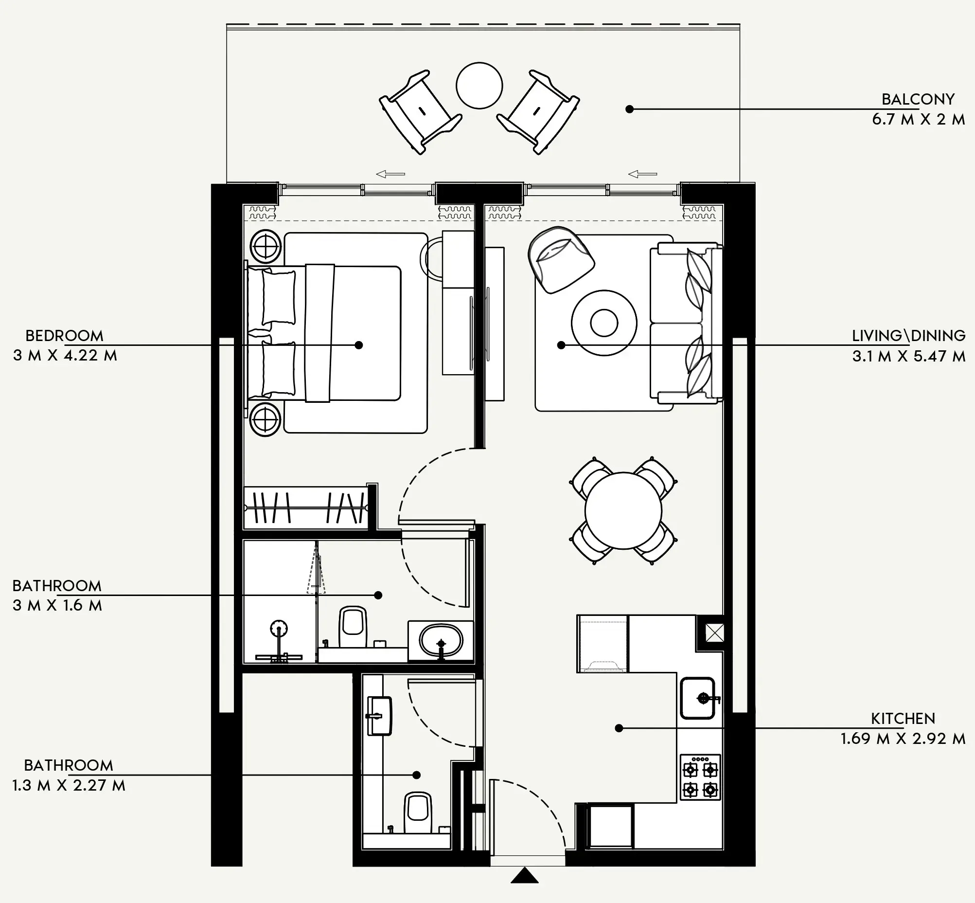 Azizi Venice 1 bed floor plan, 695 sqft