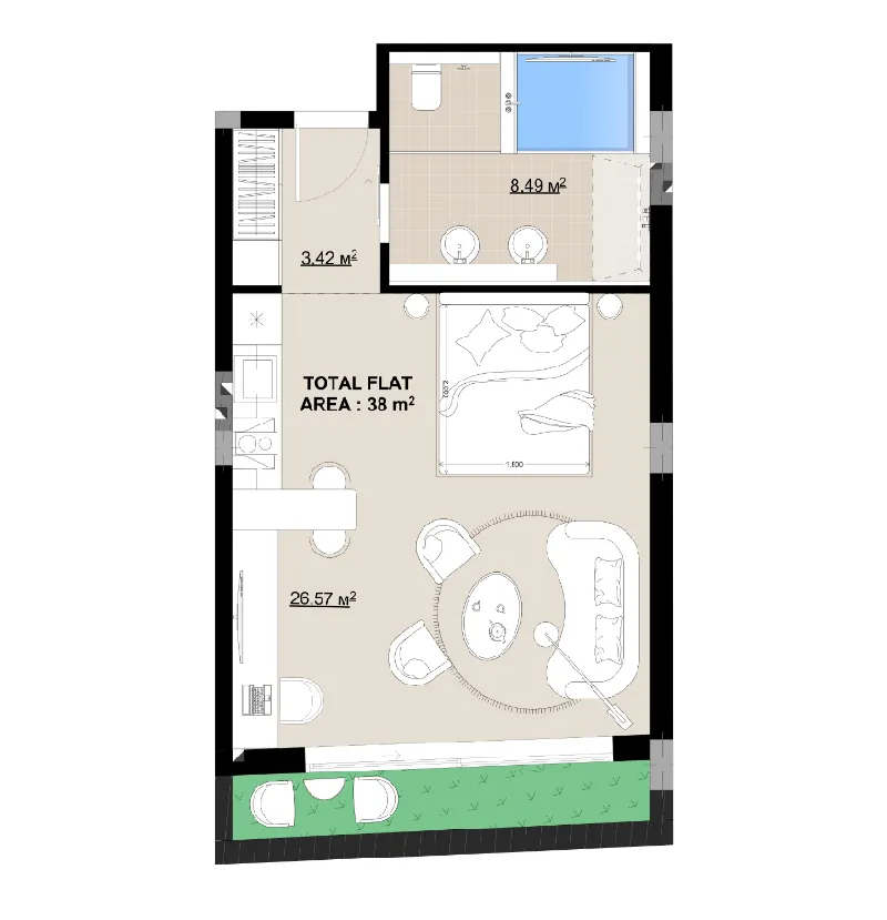 Buddha Club House Studio floor plan, 408 sqft