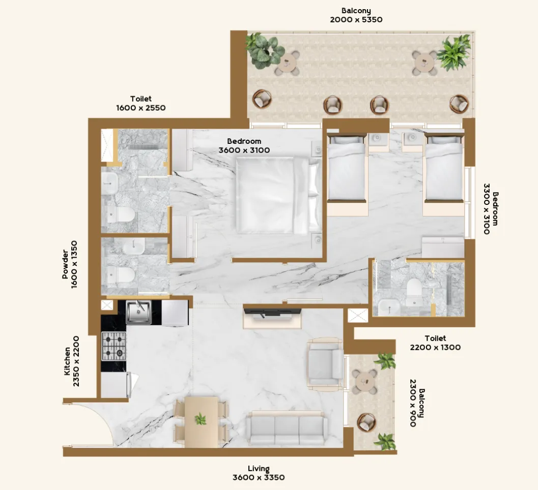 RR Residence 2 bed floor plan, 842 sqft