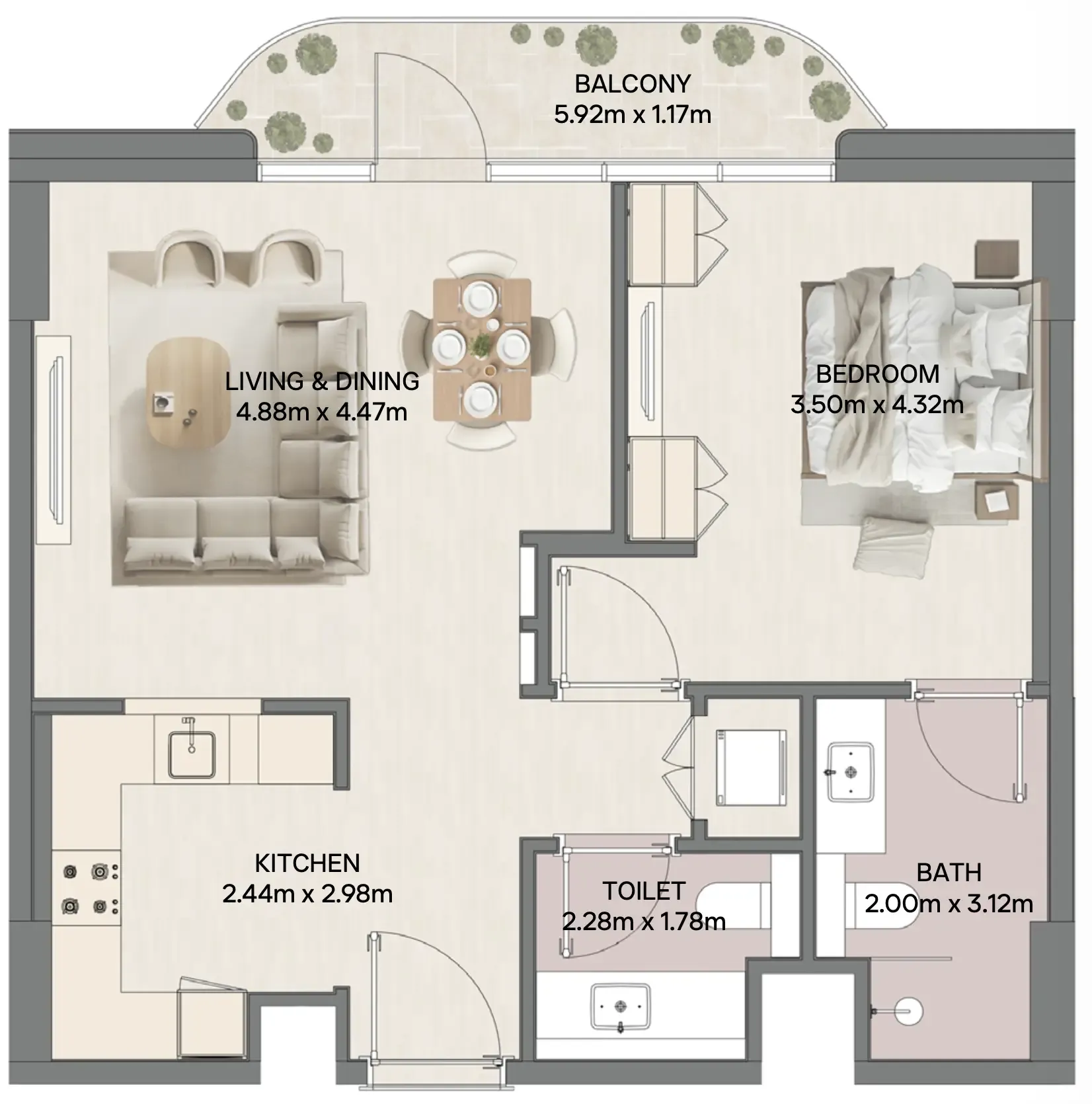 Mirasol II 1 bed floor plan, 799 – 1,064 sqft