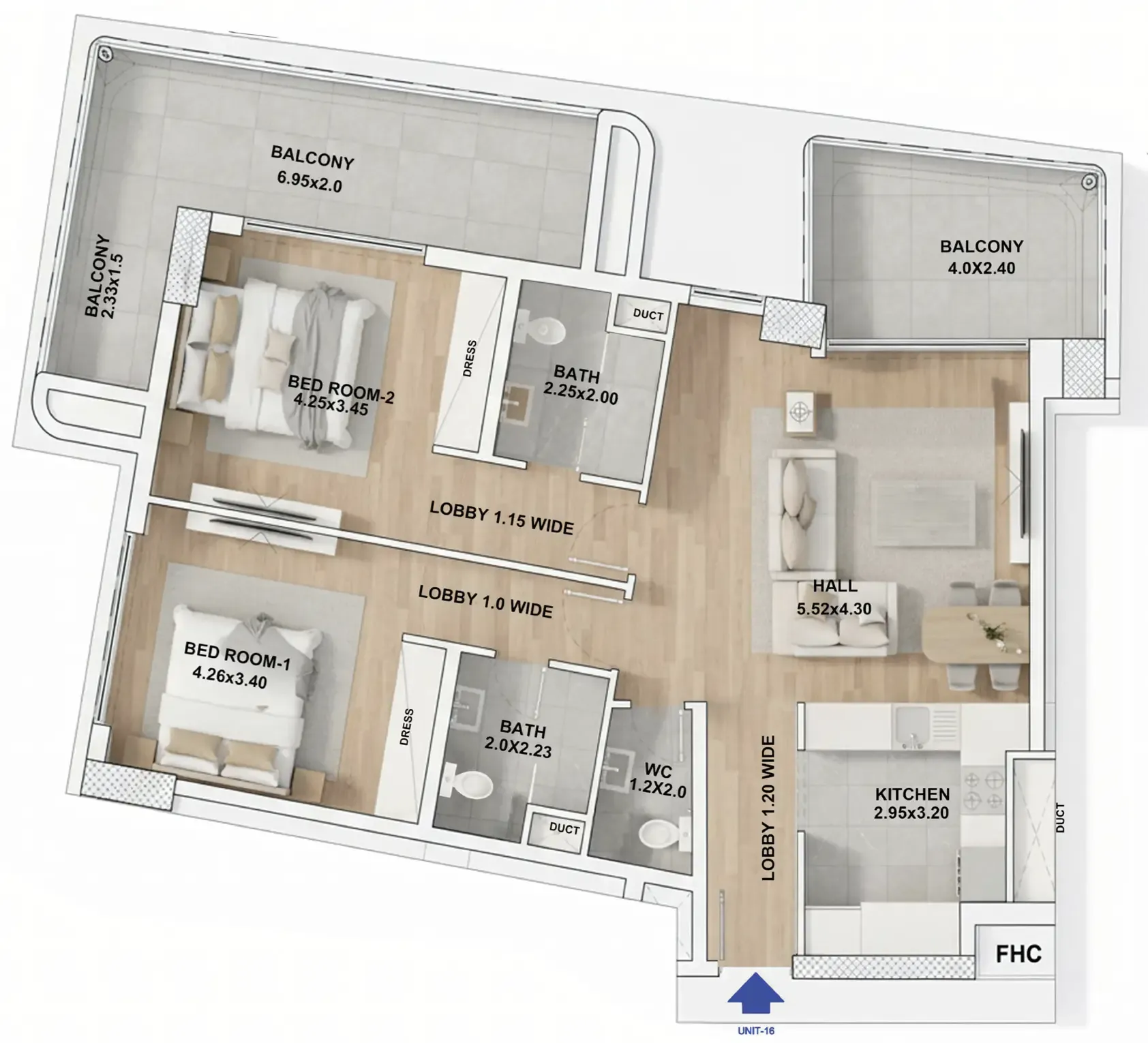 RR Residence 2 bed floor plan, 1,300 sqft