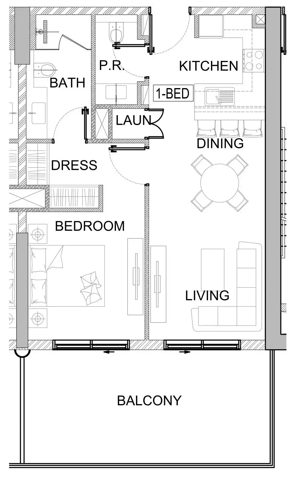 Valencia 1 bed floor plan, 805 – 826 sqft