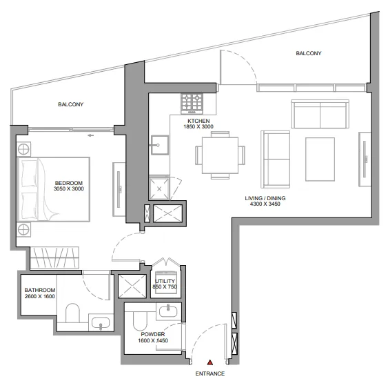 The Eden at Sobha Central 1 bed floor plan, 782 sqft