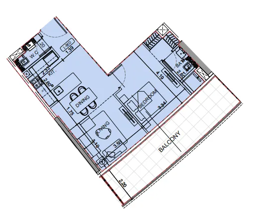 Binghatti Aquarise 1 bed floor plan, 824 sqft