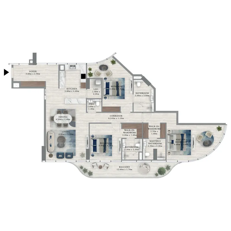 Royal Yacht Club Residence 3 bed floor plan, 2,008 sqft