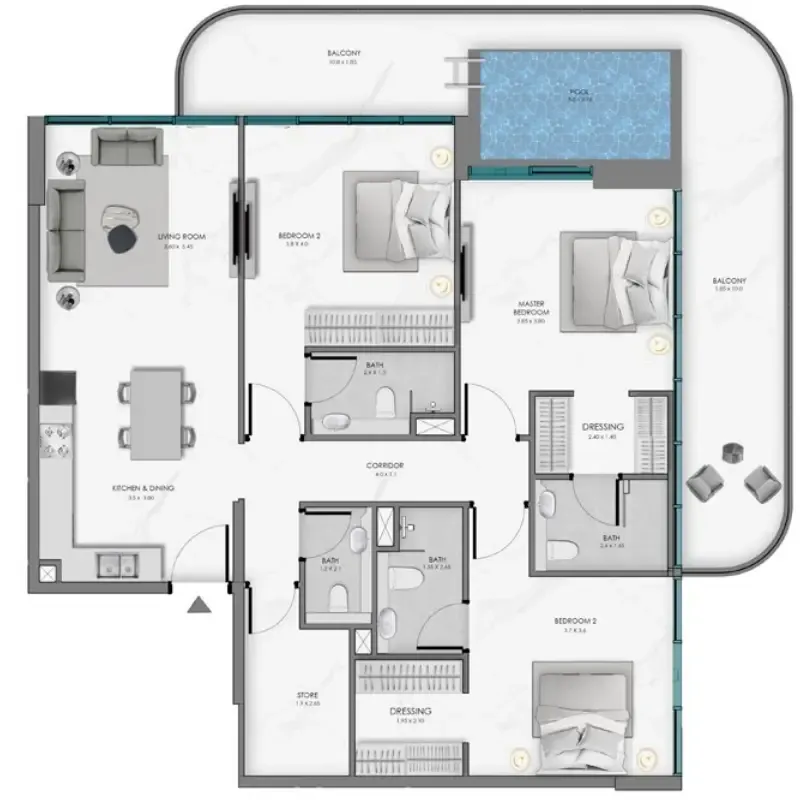 Samana Ocean Bay 3 bed floor plan, 1,739 sqft