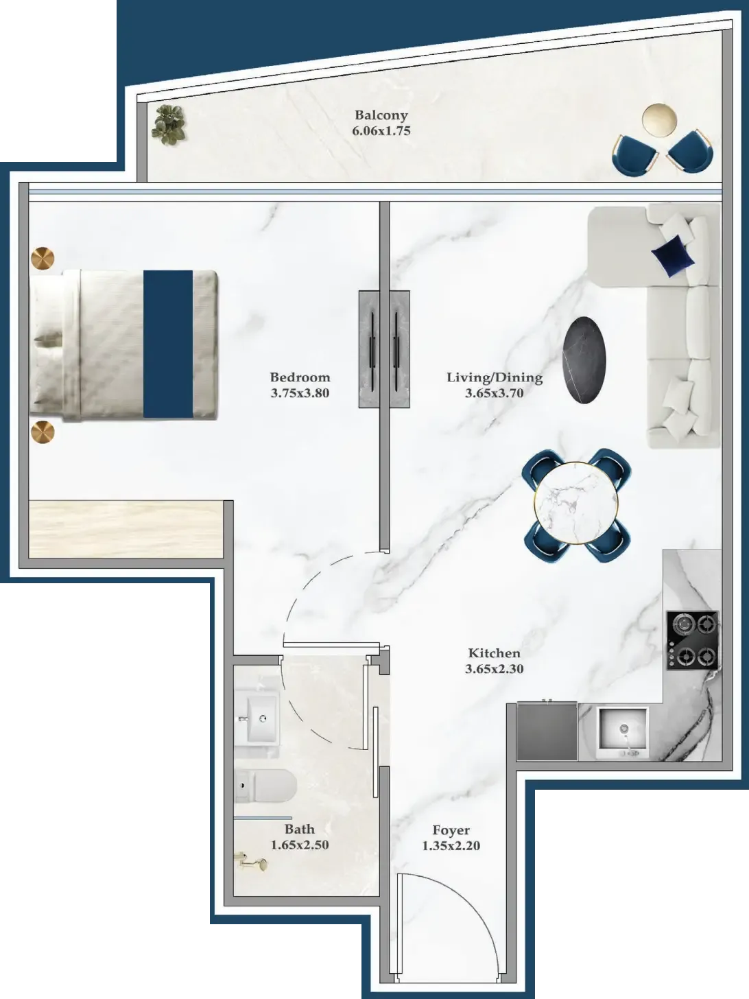 Serenz 1 bed floor plan, 575 sqft