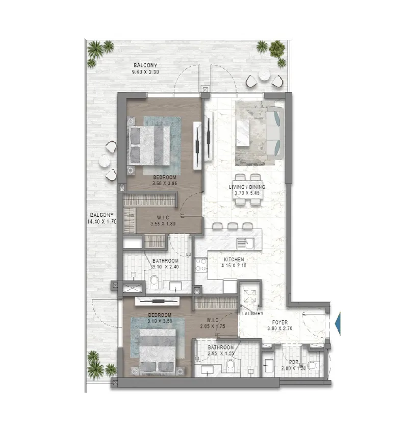 Damac Riverside Views 1 bed floor plan, 871 – 1,063 sqft
