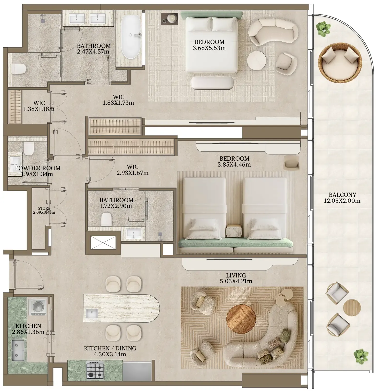 Nasim Al Bahr Residences 2 bed floor plan, 1,632 sqft