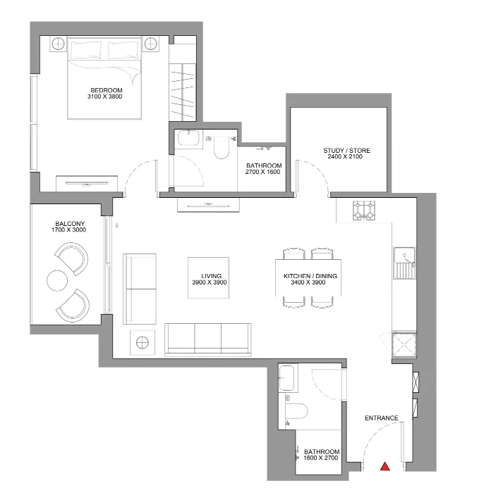 Skyscape 1 bed floor plan, 1,063 – 1,098 sqft