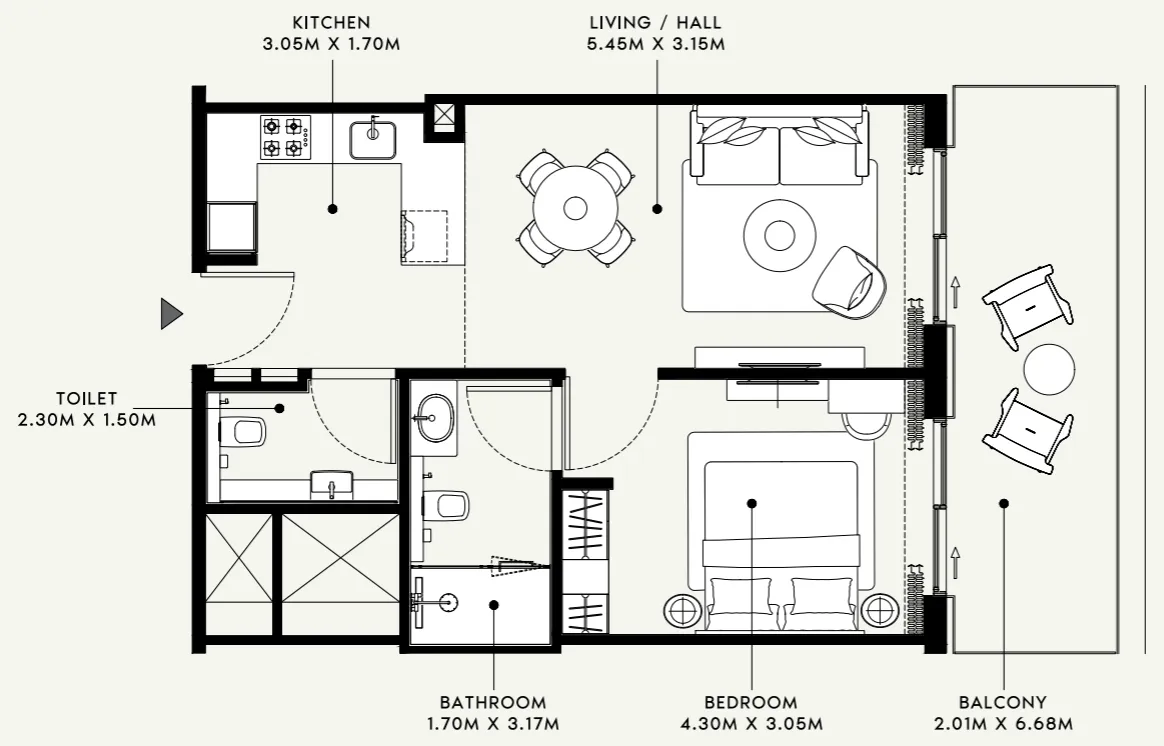 Azizi Venice 1 bed floor plan, 736 sqft