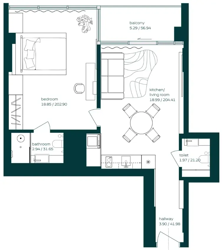 Vibe 1 bed floor plan, 644 sqft