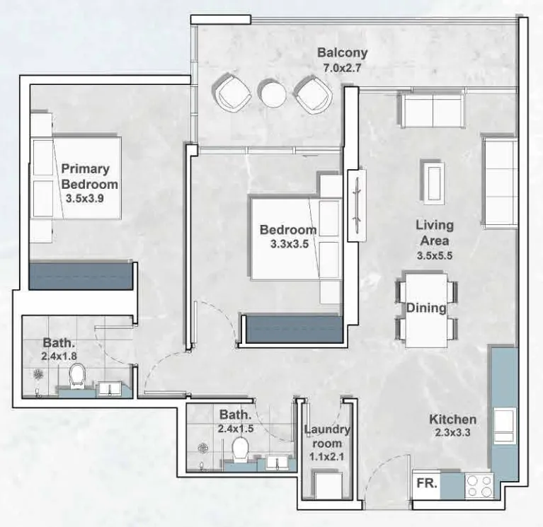 Iraz Creek Views 2 bed floor plan, 1,060 sqft