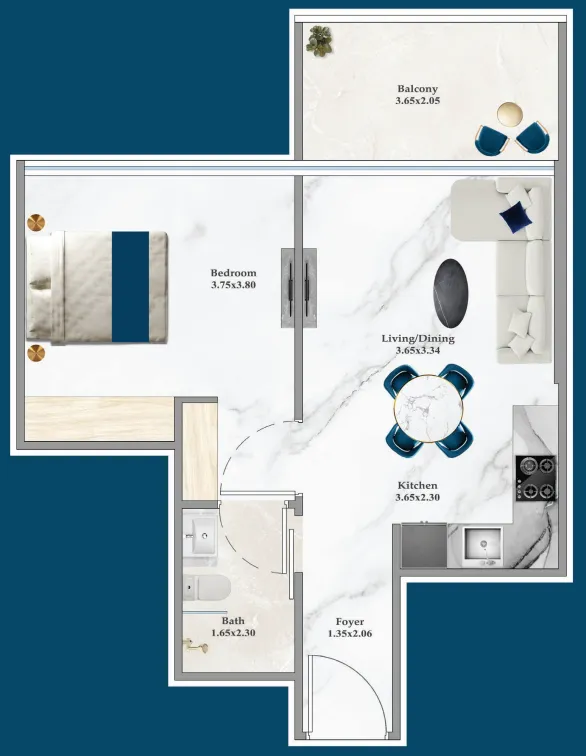 Serenz 1 bed floor plan, 538 sqft