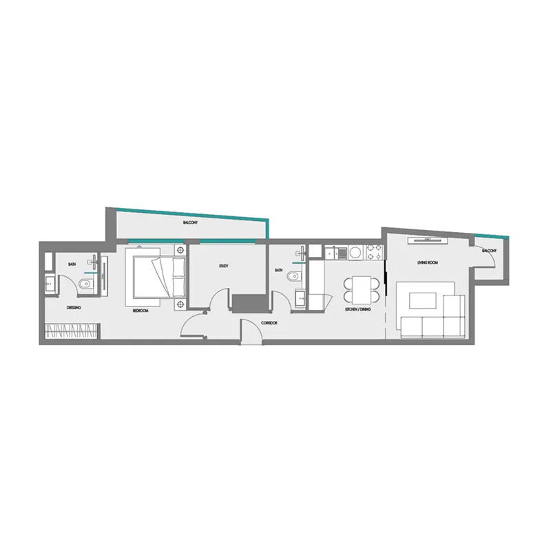 Green Field 1 bed floor plan, 747 sqft