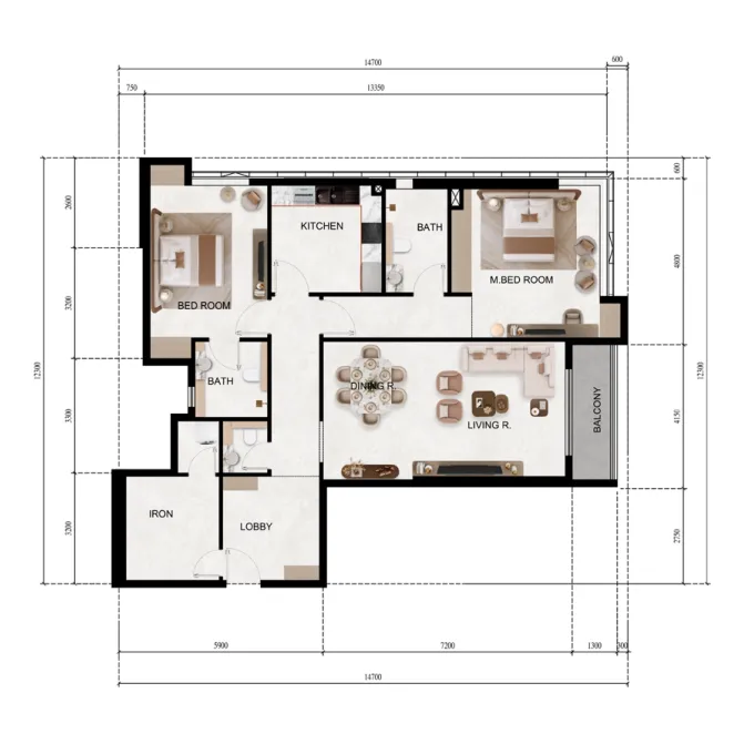 Lily Tower 2 bed floor plan, 1,421 sqft