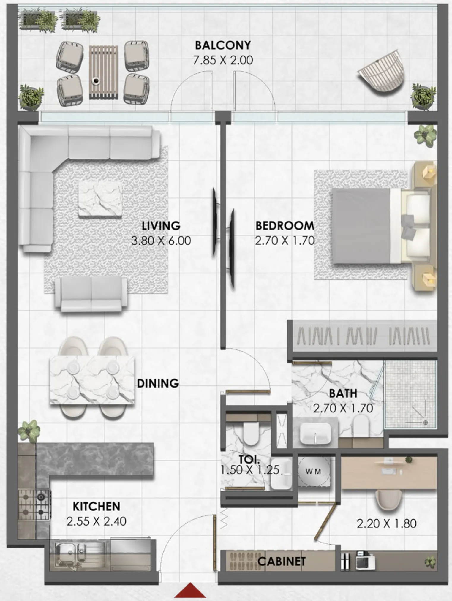 Waref Residences 1 bed floor plan, 890 – 892 sqft