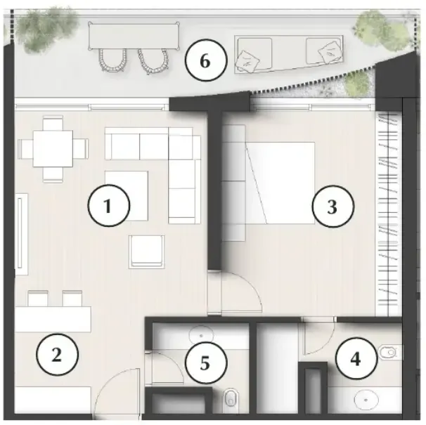 Lunaya Terraces 1 bed floor plan, 863 sqft