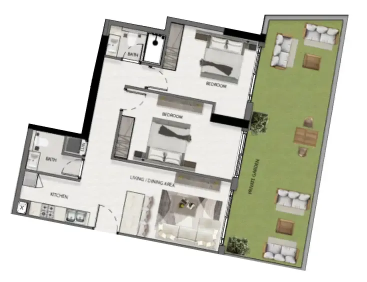 Avana Residences 2 bed floor plan, 1,134 sqft
