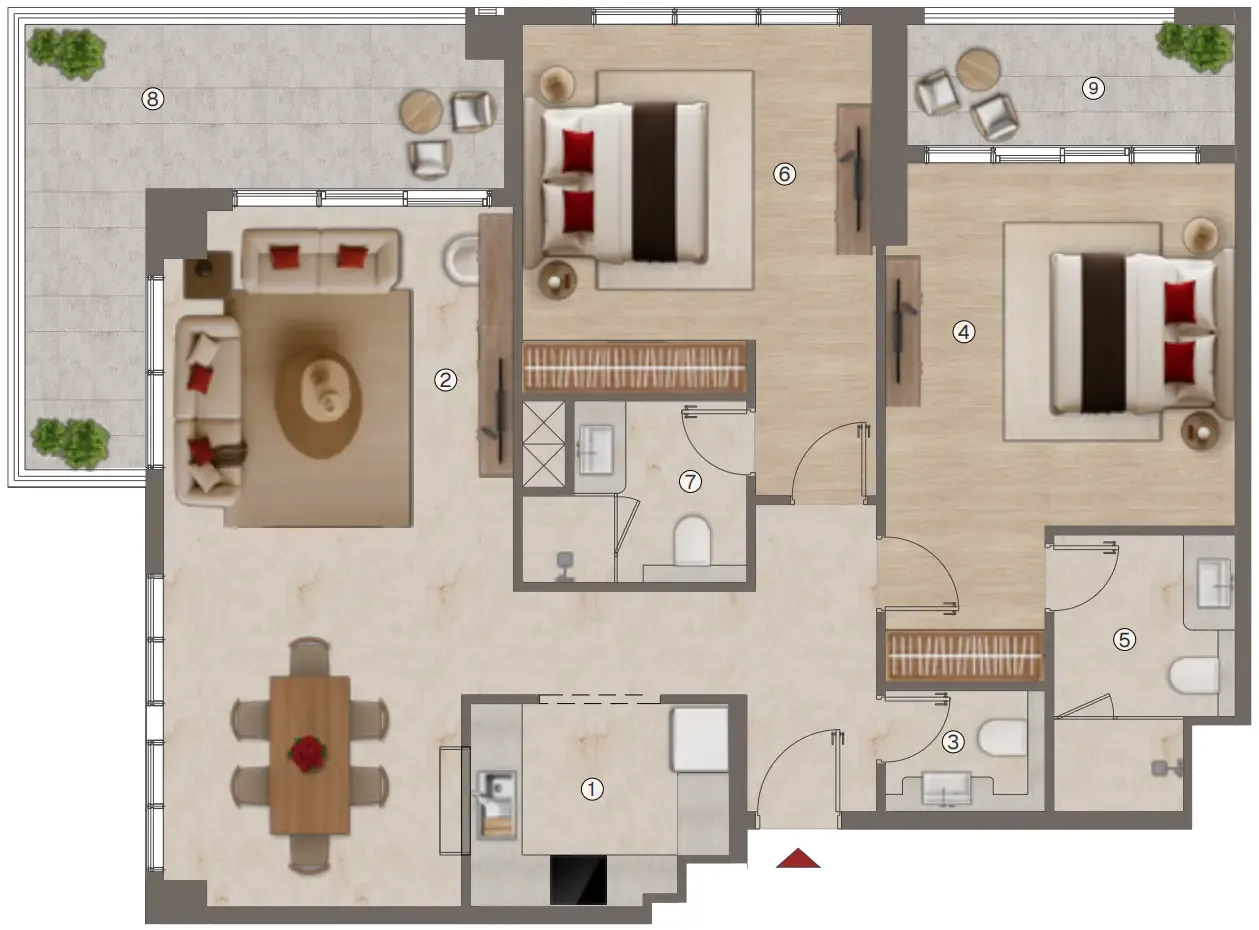 Ramada Residences by Wyndham 2 bed floor plan, 1,412 sqft