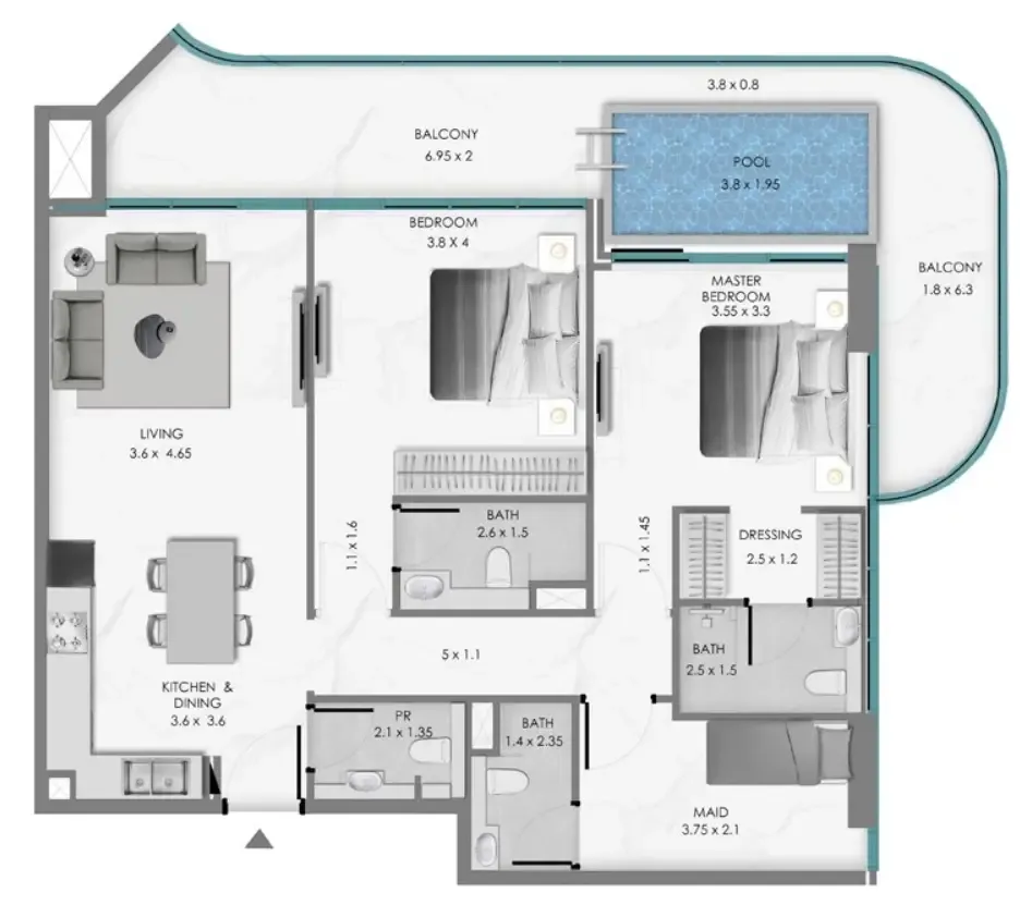 Samana Ocean Bay 2 bed floor plan, 1,433 sqft