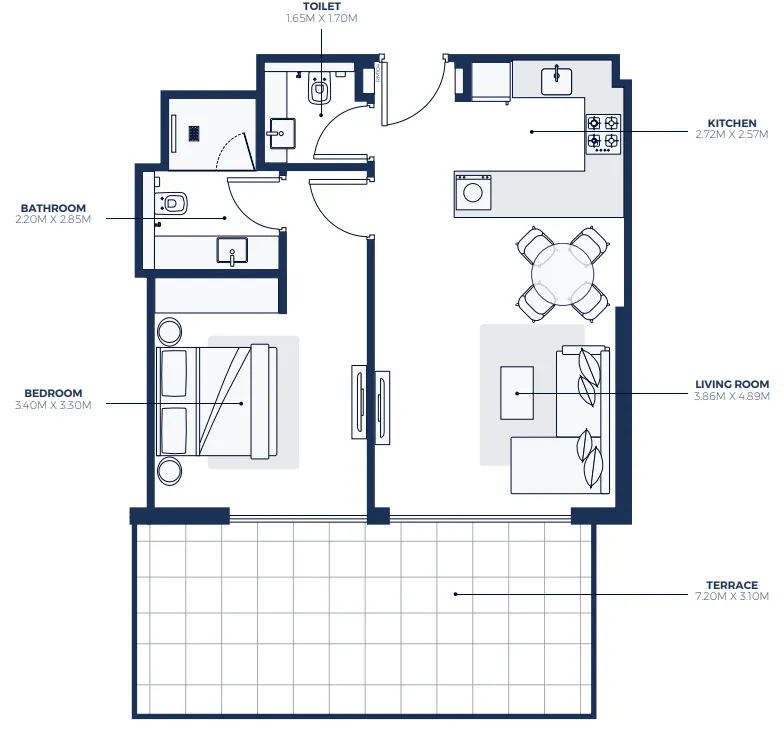 Creek Views 3 1 bed floor plan, 884 sqft