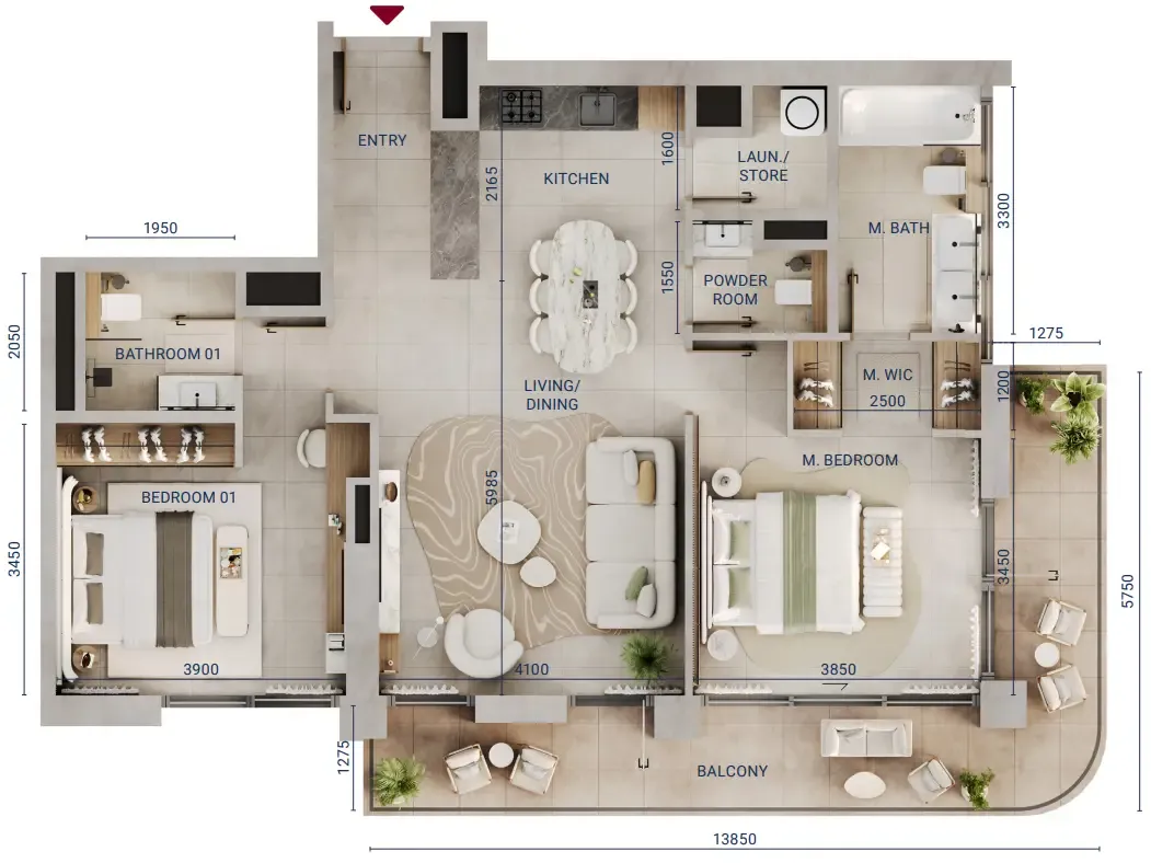 Mirdad 2 bed floor plan, 1,259 sqft