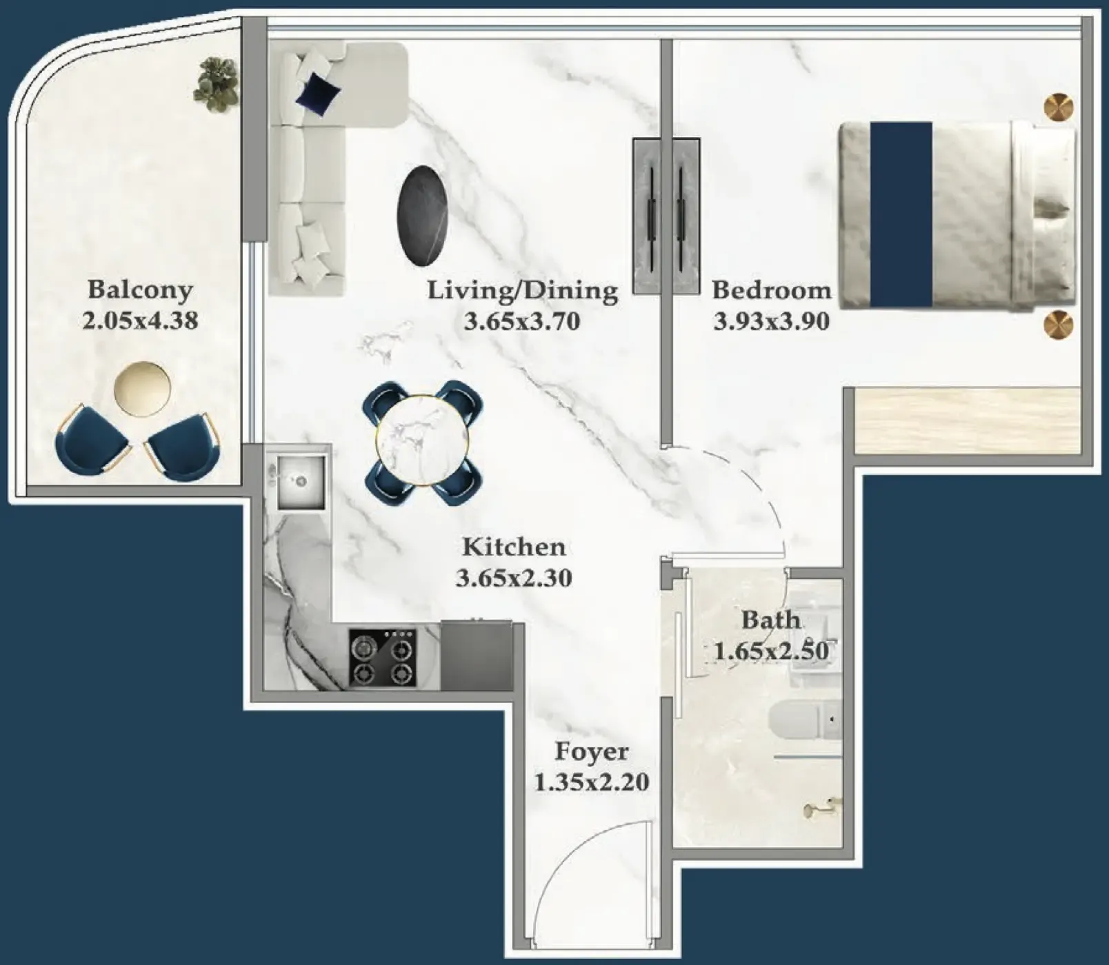 Serenz 1 bed floor plan, 583 sqft