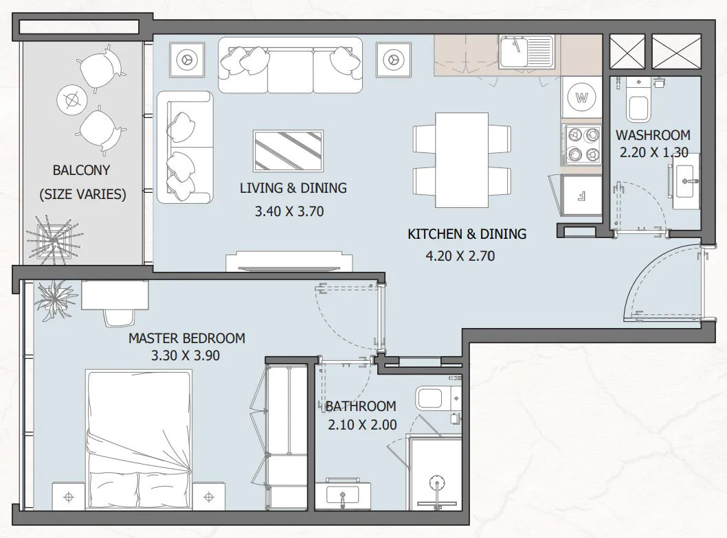 Verdana Residence 2 1 bed floor plan, 627 sqft