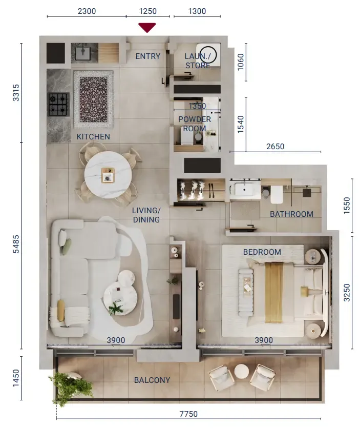 Mirdad 1 bed floor plan, 787 sqft