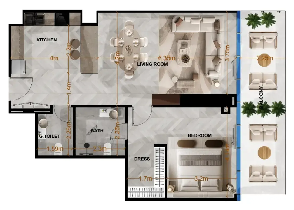 Radiant Terrace 1 bed floor plan, 1,005 sqft