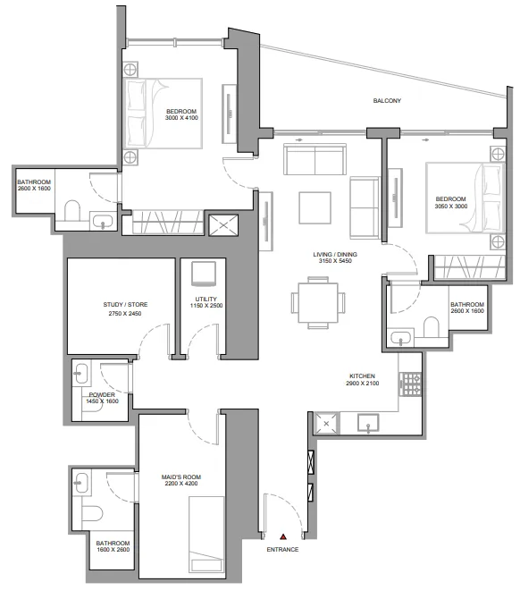 The Horizon at Sobha Central 2 bed floor plan, 1,346 sqft