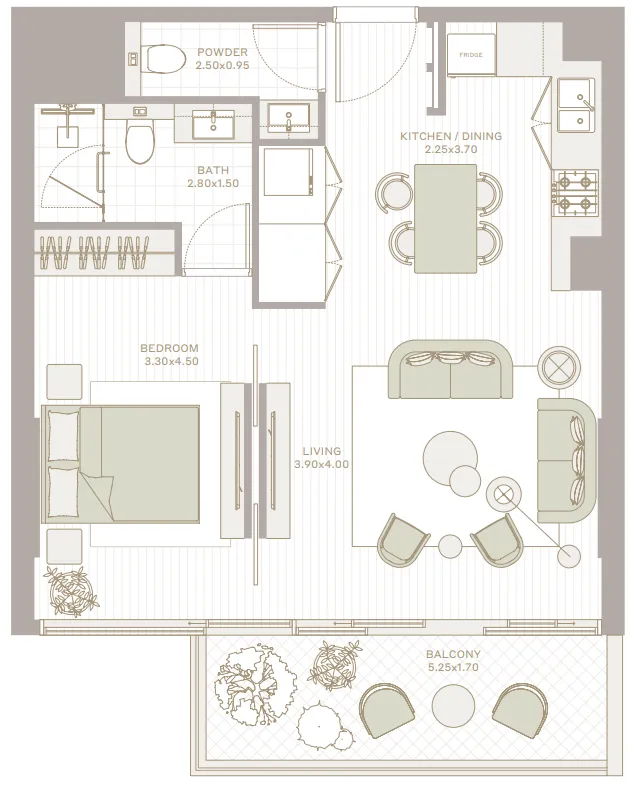 Park Five 1 bed floor plan, 735 sqft