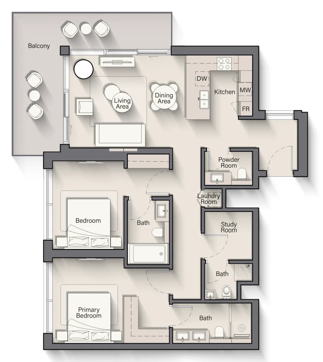 Playa Del Sol 2 bed floor plan, 1,382 sqft