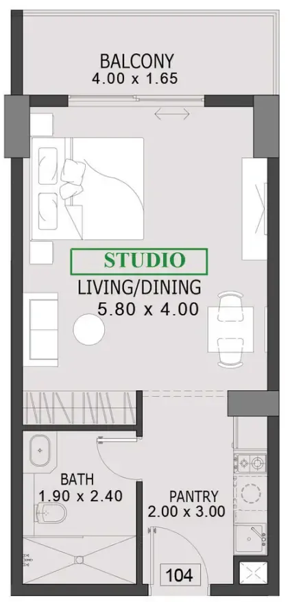 One By Preston Studio floor plan, 485 sqft