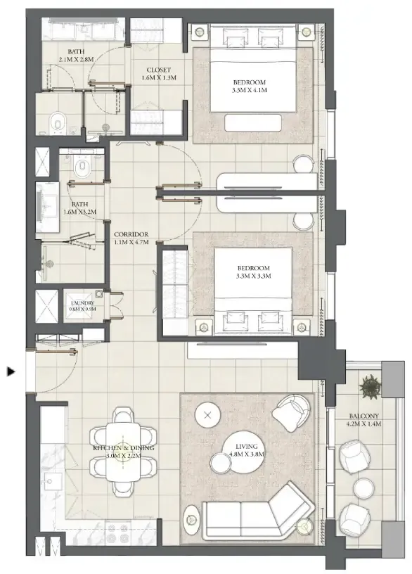 Cedar 2 bed floor plan, 1,015 sqft