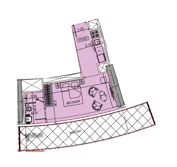 Binghatti Flare Studio floor plan, 621 sqft